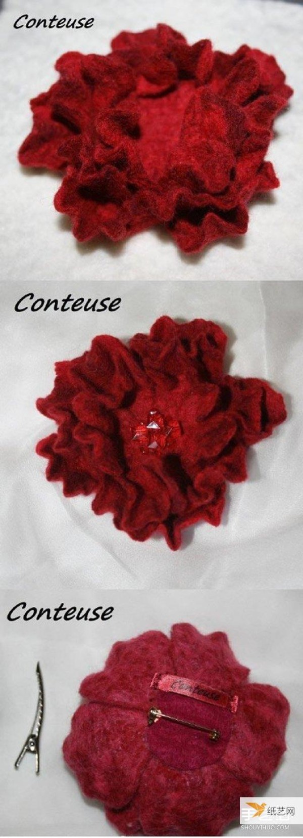 Illustrated step-by-step tutorial on how to make a beautiful and personalized wet felt flower brooch.