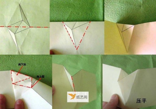 Illustration of the process of hand-folding paper wine glasses and roses