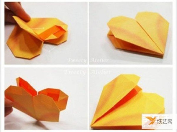 Step-by-step diagram of how to fold a double-layer heart that can be used as a seal on wedding invitations