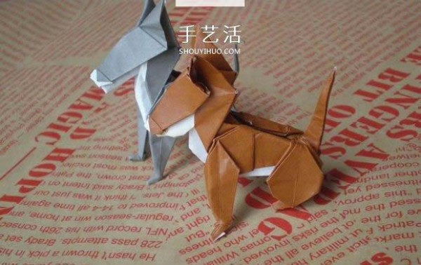 Illustration of hand folding cute puppy using origami