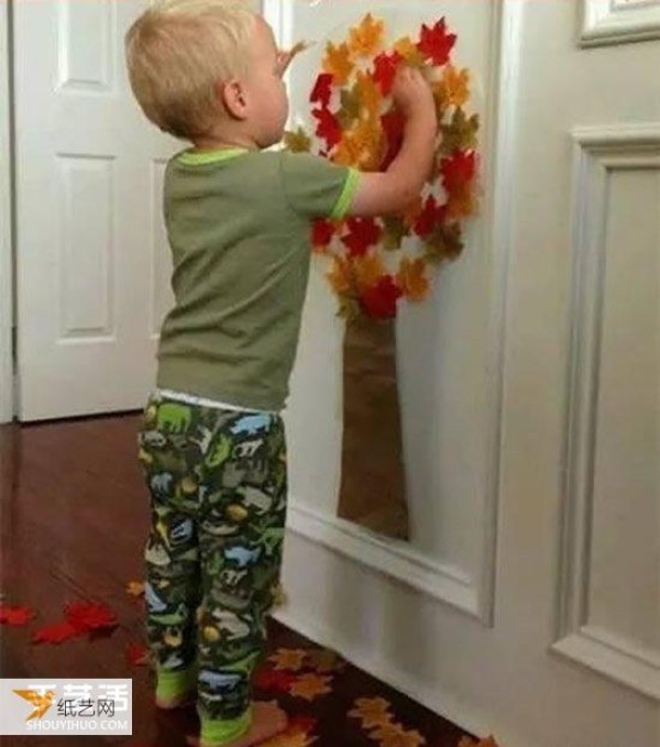 A collection of pictures of children using autumn leaves to make stickers