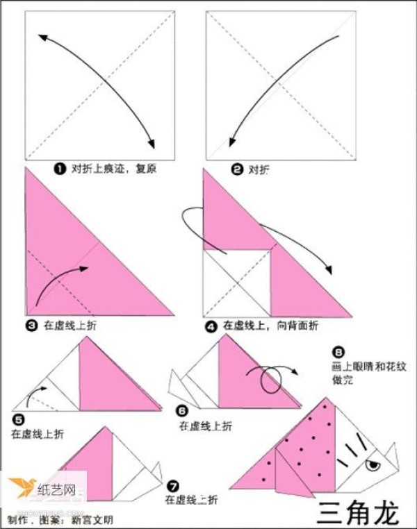 A very simple origami dinosaur folding method for children with complete illustrations