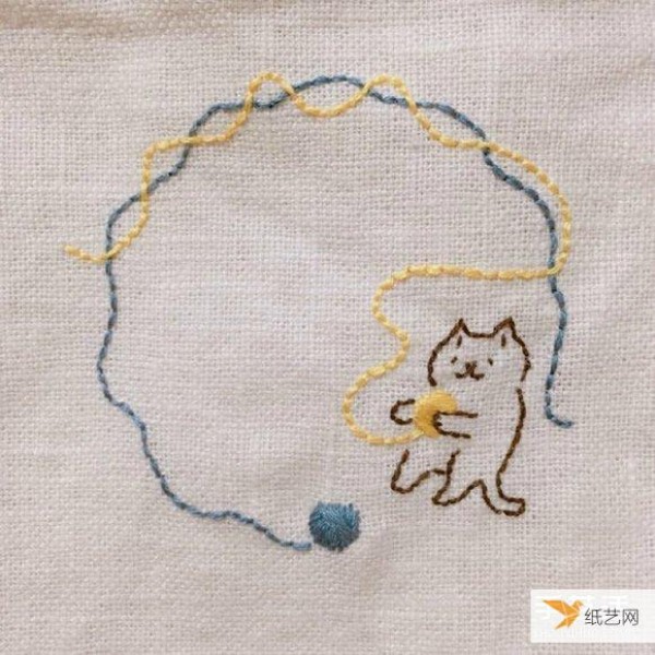 Healing cat embroidery pictures, simple lines make people feel warm