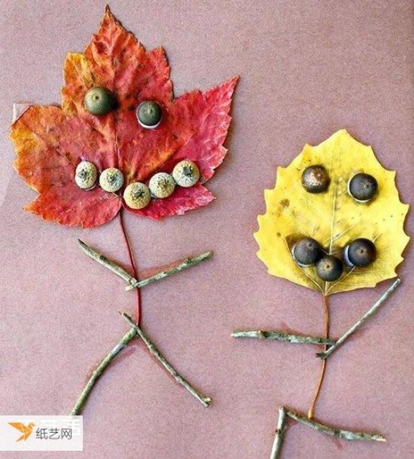 A collection of pictures of children using autumn leaves to make stickers