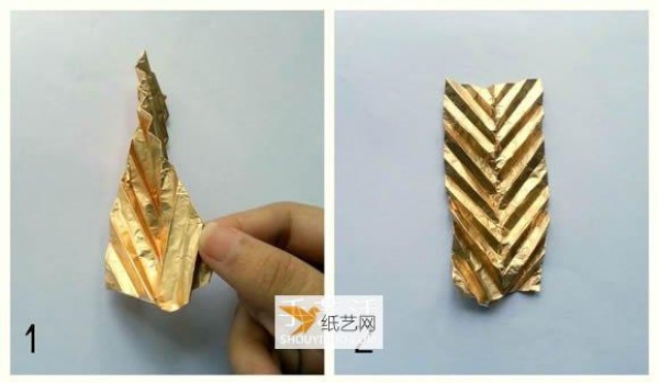 Children use tinfoil to fold paper leaf pendants