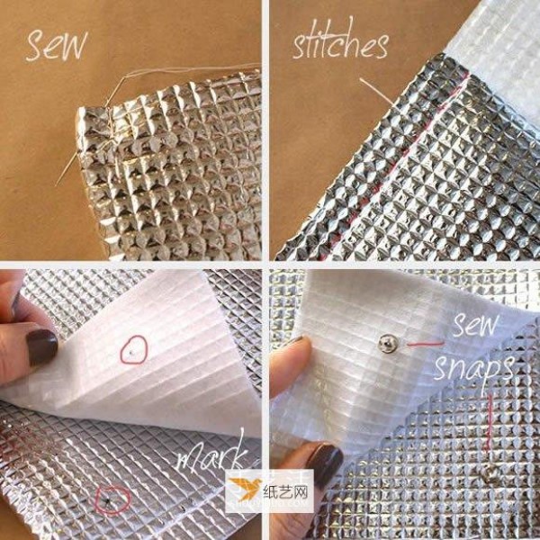 Illustration of how to make a beautiful clutch bag by hand using aluminum foil moisture-proof pad