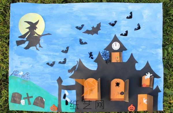 Halloween witch castle handmade tutorial for children with paper cutout