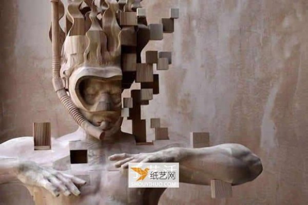 A combination of traditional wood carving and digital elements—pixel wooden figure