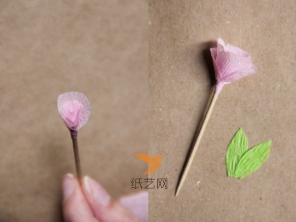 Illustrated handmade paper craft tutorial for quickly making paper flowers using crepe paper toothpicks