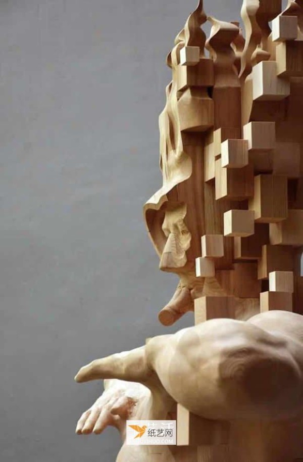 A combination of traditional wood carving and digital elements—pixel wooden figure