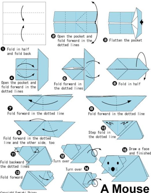 Simple origami tutorial for children to make mouse origami