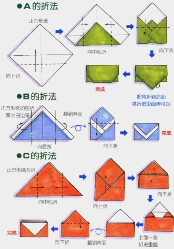 Three folding methods derived from basic envelope origami