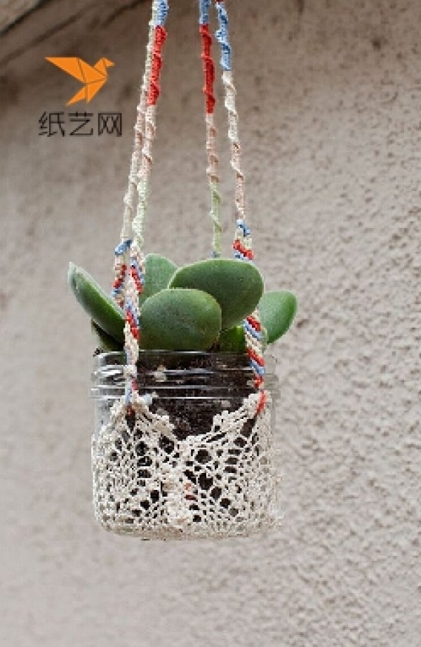 DIY small production tutorial of hand-woven hanging small flower pots using glass jars