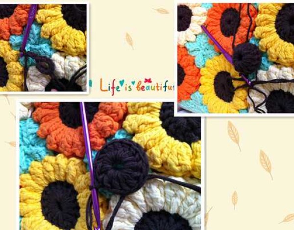 Beautiful hand crocheted sunflower cushion