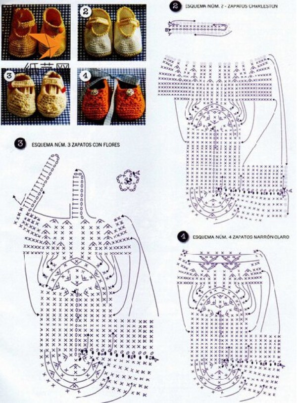 Illustrations of various knitting methods for baby shoes