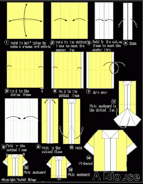 Illustrated tutorial on simple handmade origami shirts for children