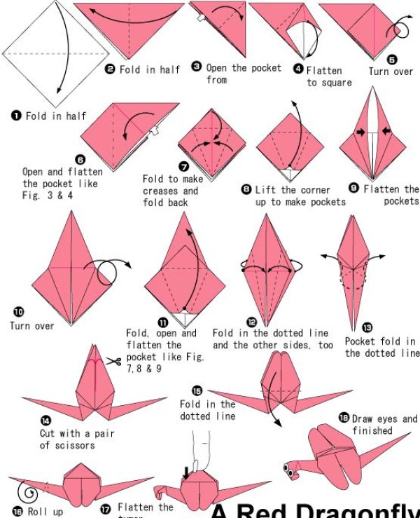 Childrens simple handmade origami dragonfly tutorial illustration