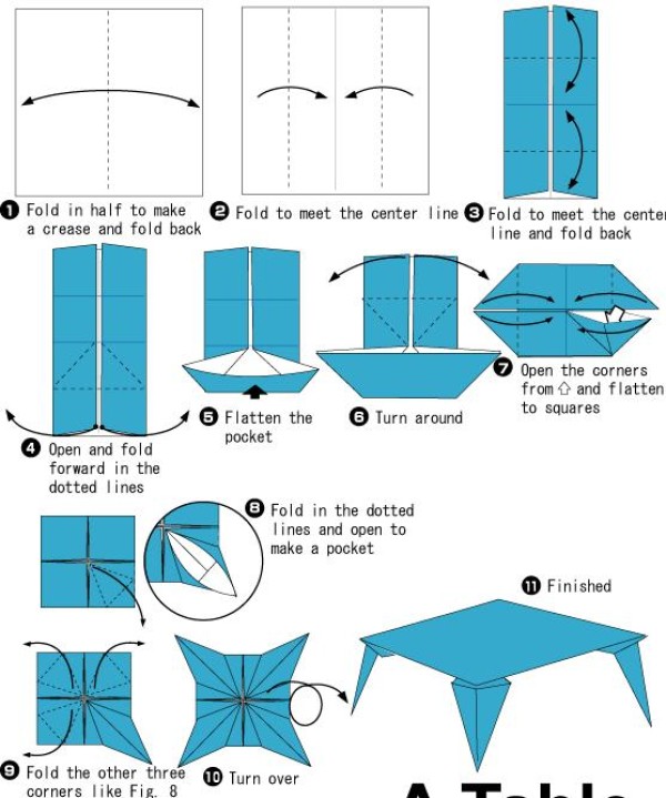 Tutorial on making a simple origami table for children by hand