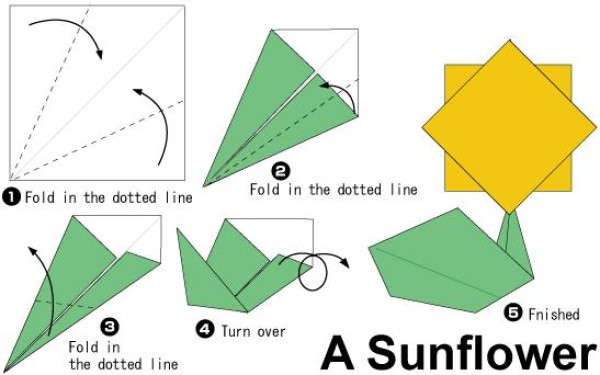 Simple handmade origami sunflower origami tutorial illustration