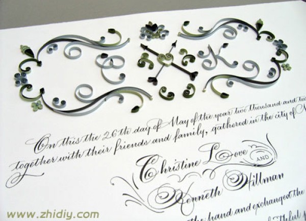 Simple and elegant quilled paper wedding certificate design—Ann Martin