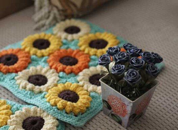 Beautiful hand crocheted sunflower cushion