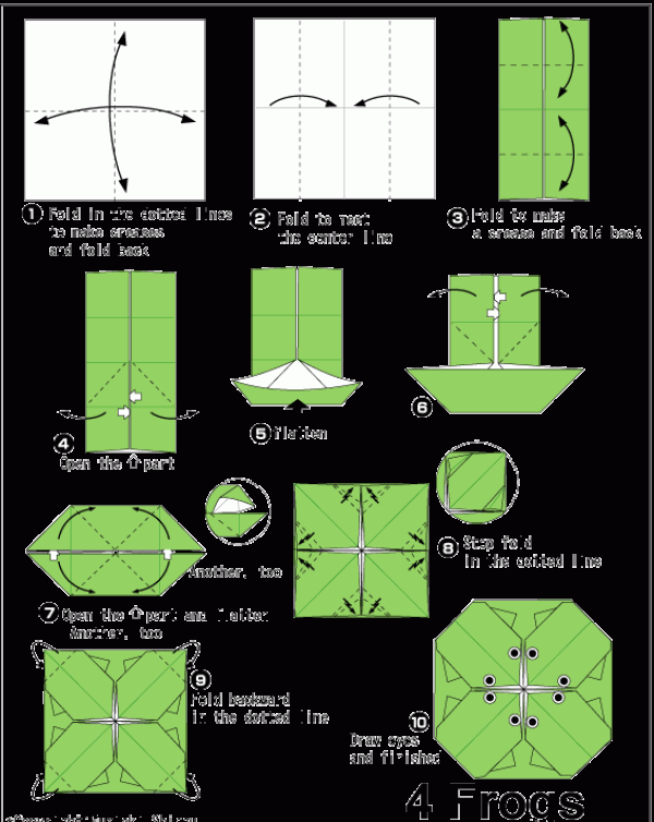 Simple origami tutorial for four paper frogs