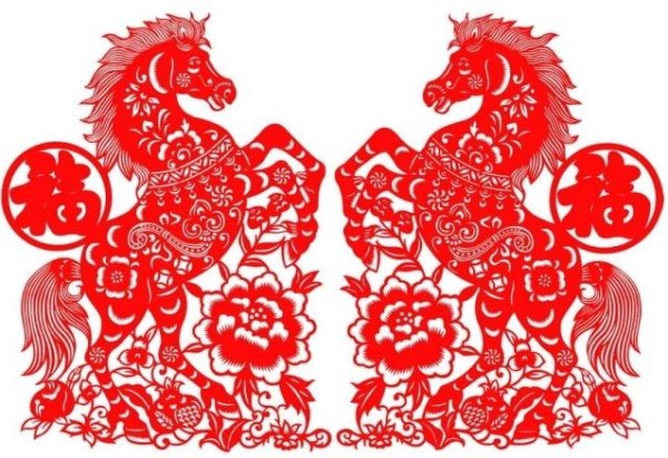 Complete collection of paper-cutting patterns: Two horses stepping on peonies to bring good luck to the Year of the Horse. Paper-cutting tutorial