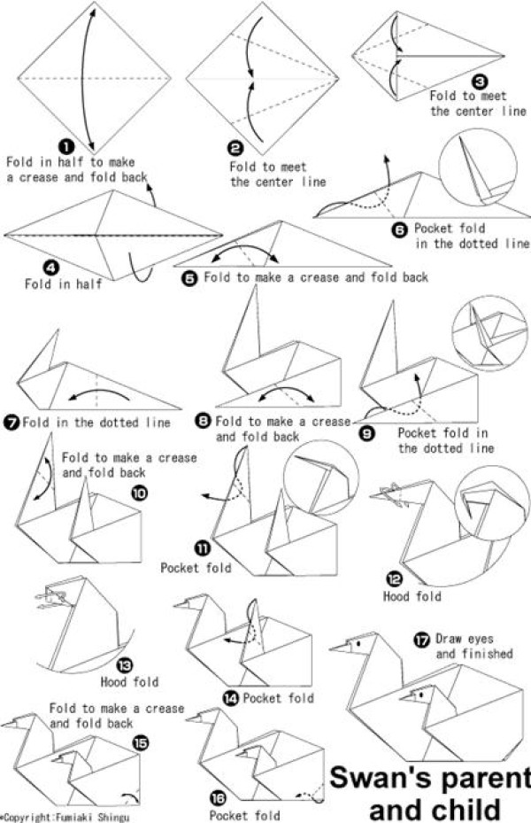 Childrens origami tutorial for mother swan and baby