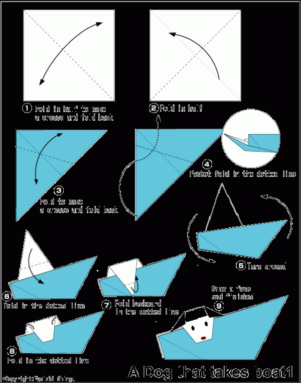 Childrens handmade origami tutorial of puppy sitting on paper boat