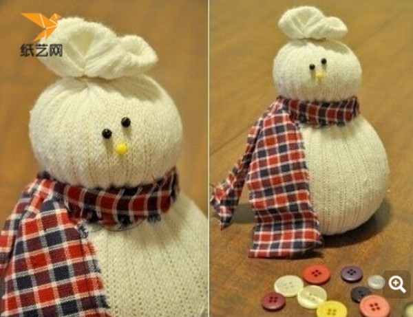 Illustrated tutorial on how to make a snowman by transforming handmade old items into socks