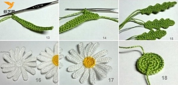 Hand crochet simple and elegant daisy brooch knitting tutorial illustration