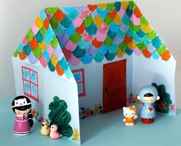 Illustrated origami tutorial for handmade origami little house for Childrens Day