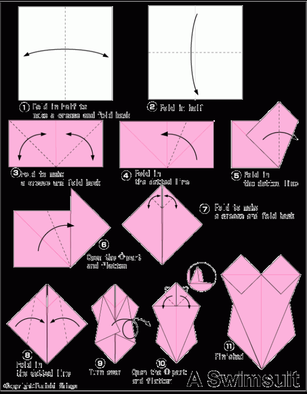 Illustrated tutorial on simple handmade origami swimsuits for children