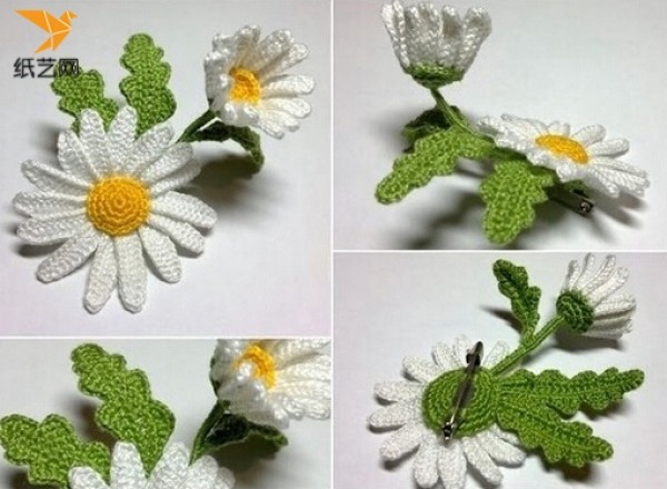 Hand crochet simple and elegant daisy brooch knitting tutorial illustration