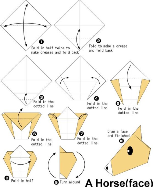 Simple handmade origami horse face tutorial and origami illustrations