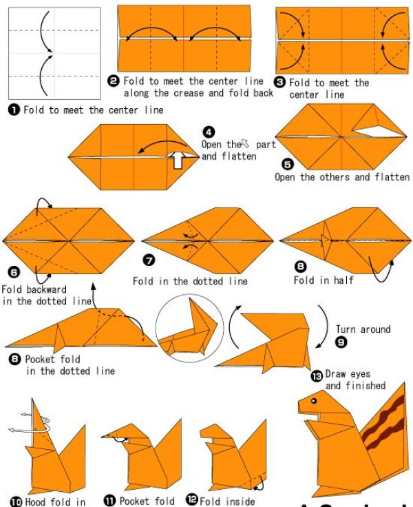 Simple origami tutorial for children to make origami squirrel