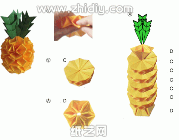 Illustrated tutorial for making origami pineapple