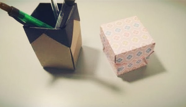 Origami Box Encyclopedia teaches you how to fold origami pen holders by hand