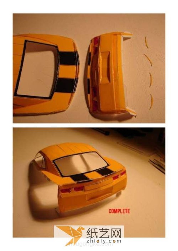 The making process of the cool Bumblebee sports car paper model