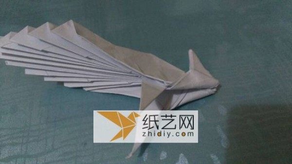 An origami peacock with its tail open