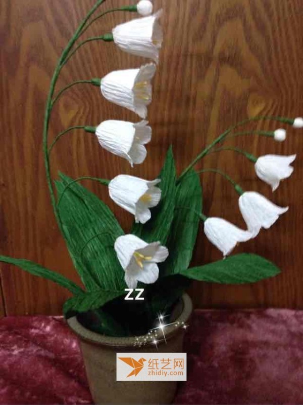 Paper art lily of the valley potted plant made of crepe paper as a Teacher’s Day gift