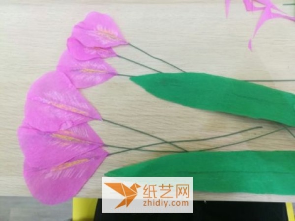 Tutorial illustration of paper art flower iris made from crepe paper