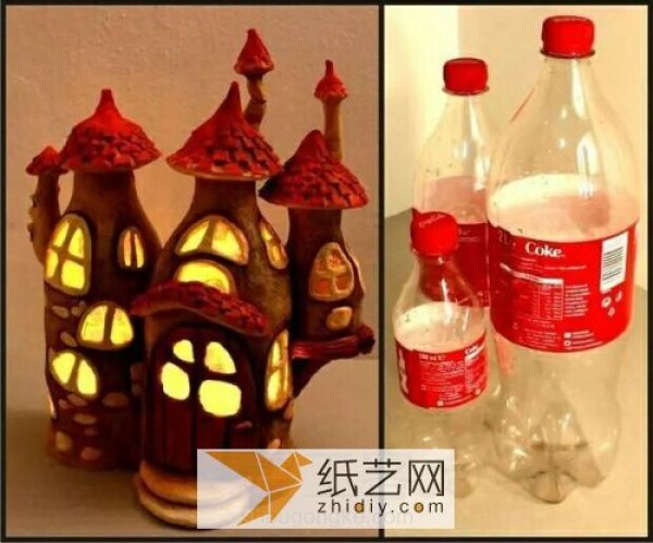 Illustrated tutorial on turning Coca-Cola bottles into treasures and making them into a Halloween castle