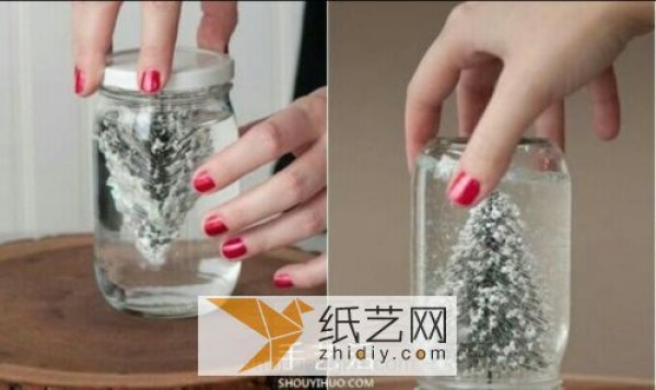 Tutorial on how to make Christmas tree snow globes by turning waste glass bottles into treasures