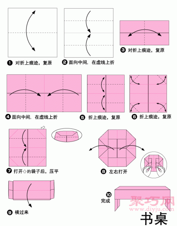 Illustration of the steps of handmade origami desk. DIY origami desk folding method.