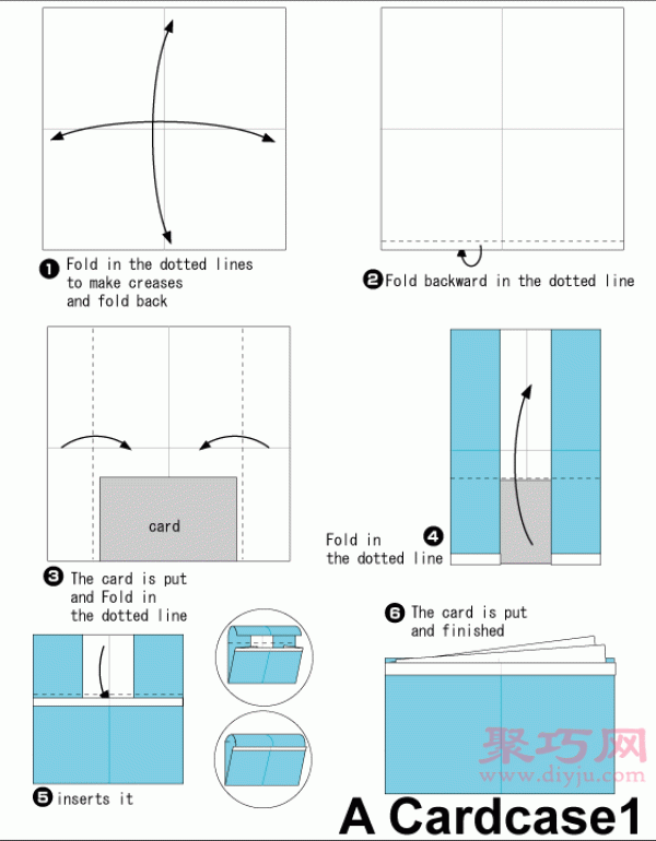 Illustration of the steps of making an origami business card holder by hand. How to fold an origami business card holder.