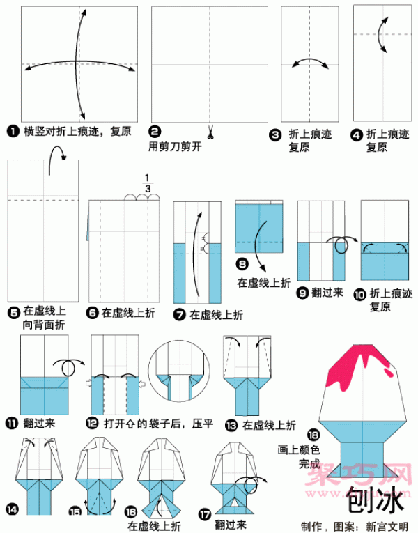 Illustration of the steps of handmade origami ice cream. How to fold origami ice cream.