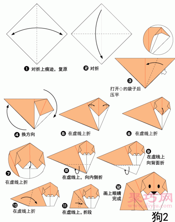 Illustration of how to fold a puppy. Teach you how to fold a puppy.