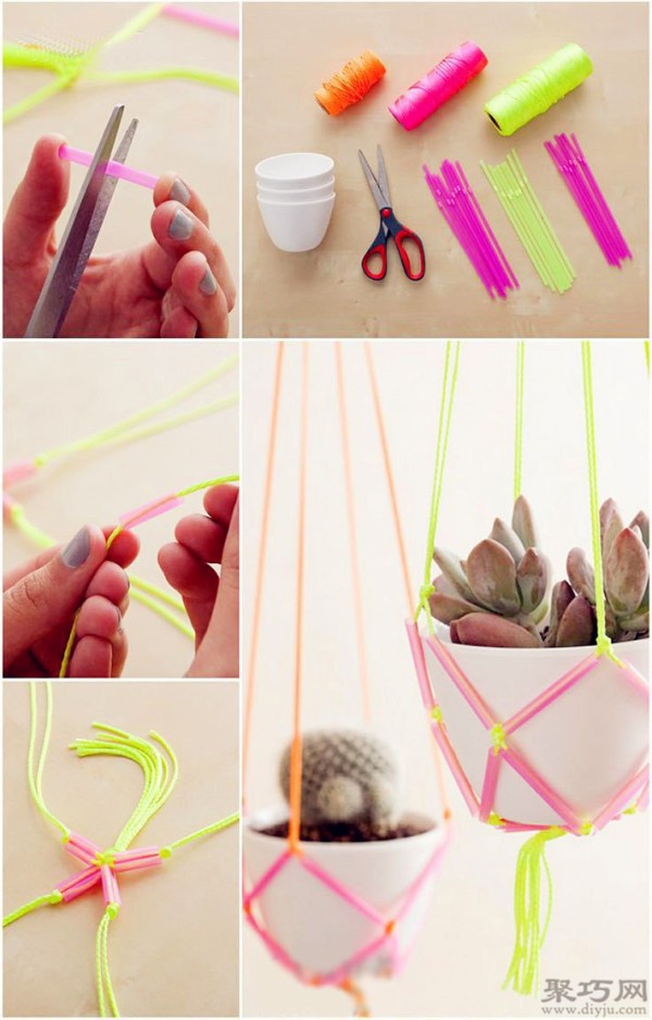 Illustration of tutorial on hand-woven succulent potted hanging basket with straws