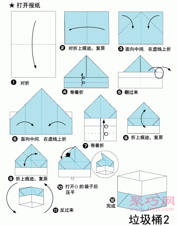 Illustration of the steps for making a deep newspaper origami box. How to fold a deep newspaper origami box.